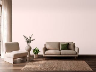 Valspar Champagne Pink 2004-4C orange paint, north light in a living
